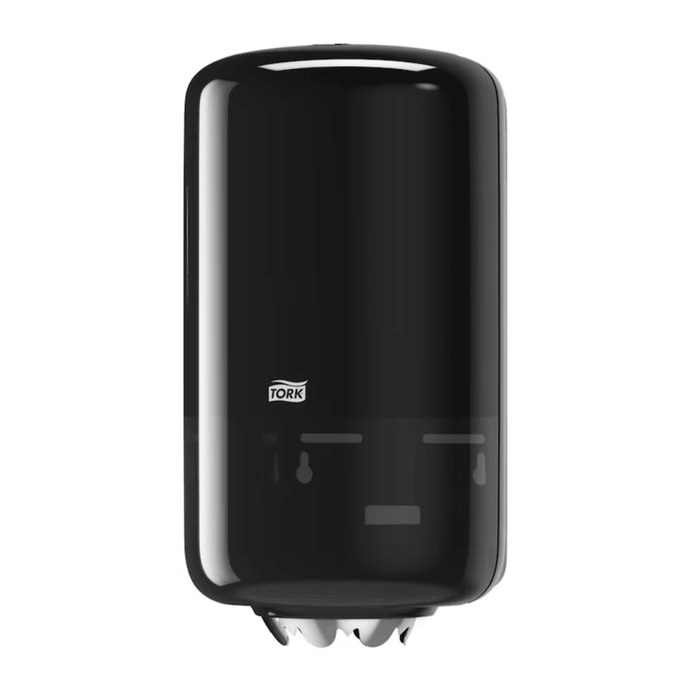 Zásobník na papierové utierky Tork 558008 Mini Elevation M1, vyrobený spoločnosťou Essity Professional Hygiene Germany GmbH, je čierny nástenný zásobník na papierové utierky s lesklým povrchom a malým priehľadným okienkom, ktoré umožňuje pohodlne kontrolovať stav zásoby papiera, čím prispieva k lepšej hygiene.