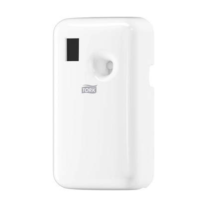 Dávkovač Tork 562000 pre osviežovače vzduchu spreje A1 od TORK – Essity Professional Hygiene Germany GmbH je biely dávkovač so štíhlym, obdĺžnikovým dizajnom a čiernou zobrazovacou oblasťou. Disponuje aerosólovým systémom s malým okrúhlym otvorom na uvoľňovanie vône, doplnený elektronickým ovládaním pre optimálny výkon.