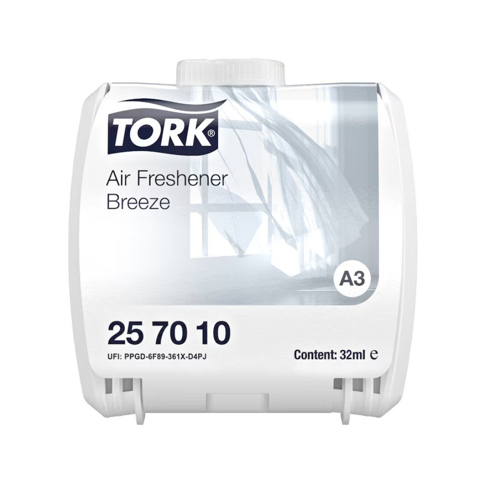 Kontinuálny osviežovač vzduchu Tork od spoločnosti TORK – Essity Professional Hygiene Germany GmbH s názvom „Air Freshener Breeze“ a kódom „25 70 10“ má indikátor stavu naplnenia a je dodávaný v balení, ktoré zobrazuje biely záves jemne vejúci vo vetre a obsahuje 32 ml produktu.