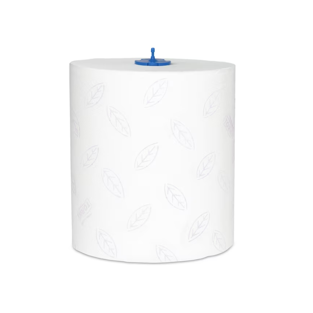 Veľký biely mäkký rolkový uterák Tork Matic® 290016 Premium H1 2-vrstvový s jemným vzorom listov a modrým plastovým dávkovačom uprostred, navrhnutý na použitie v komerčných alebo priemyselných dávkovačoch. Rolka TORK Premium H1 2-vrstvová stojí vzpriamene pred jednoduchým pozadím.