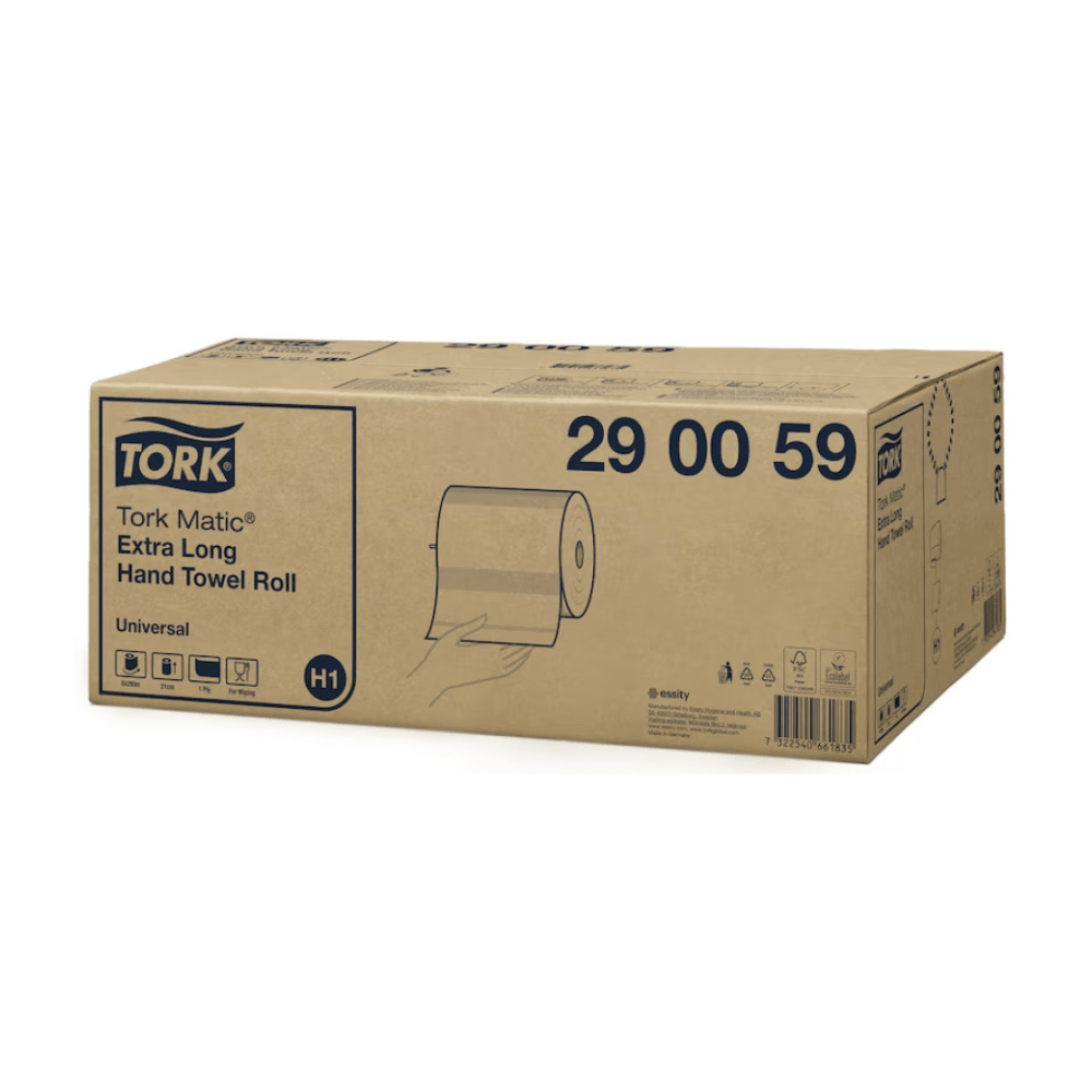 Na kartóne s nápisom „Tork Matic® 290059 extra-dlhý rolkový uterák Universal H1 1-vrstvový“ je zobrazená ruka, ktorá drží extra-dlhú rolku uteráka. Kartón vyrobený spoločnosťou TORK – Essity Professional Hygiene Germany GmbH obsahuje rôzne prepravné a manipulačné symboly a obsahuje šesť roliek.