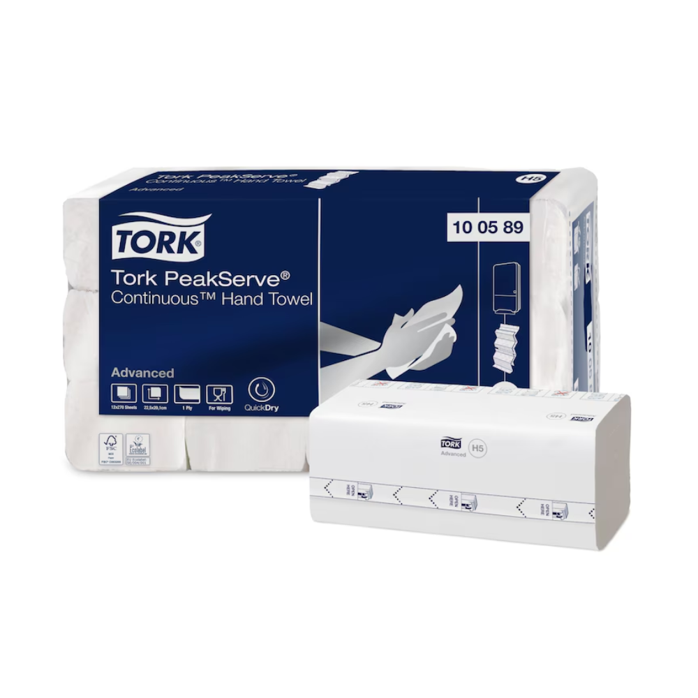Na obale Tork PeakServe® 100589 Endlos™ Papierové uteráky Advanced H5 1-vrstvové sú jasne viditeľné názov produktu a logo, sprevádzané obrázkom jednotlivého odberu uteráka. Okolité symboly zdôrazňujú vlastnosti ako vysoká kapacita a rýchle odoberanie. Číslo obalu 100589 je jasne viditeľné.