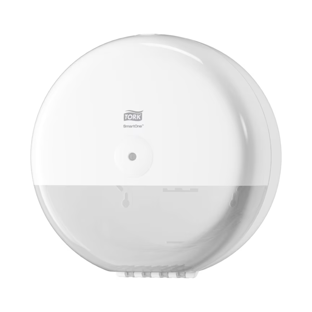 Tork SmartOne® 680000 dávkovač toaletného papiera Elevation T8 od TORK – Essity Professional Hygiene Germany GmbH je štýlový biely dávkovač so štíhlym, okrúhlym dizajnom a priehľadným predným panelom, ktorý prezentuje toaletný papier vo vnútri. Má vyberanie jedného listu cez malý otvor a je navrhnutý pre pohodlnú nástennú montáž.
