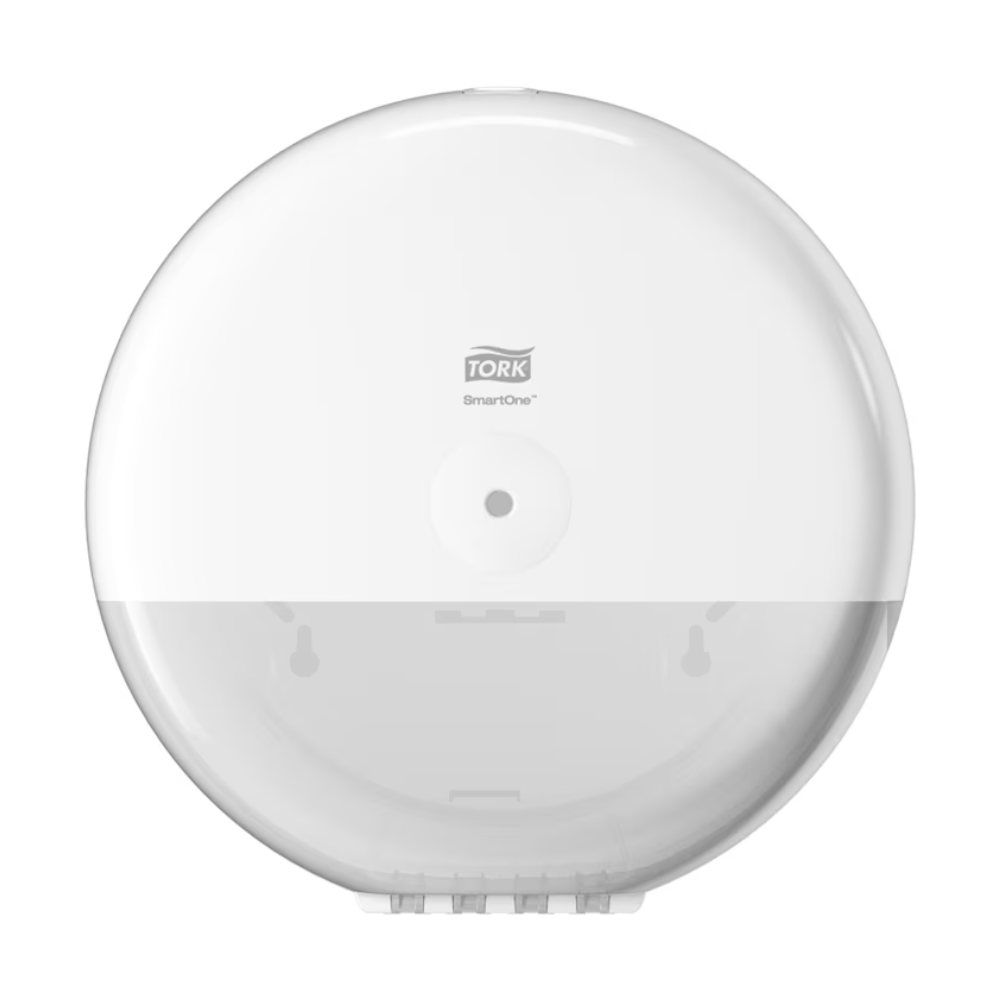 Tork SmartOne® 680000 dávkovač toaletného papiera Elevation T8 od Essity Professional Hygiene Germany GmbH má nástenný biely dizajn s okrúhlym tvarom. Umožňuje efektívne vyberanie jedného listu a zvýrazňuje logo Tork na prednej strane, ako aj centrálny otvor na výdaj toaletného papiera.