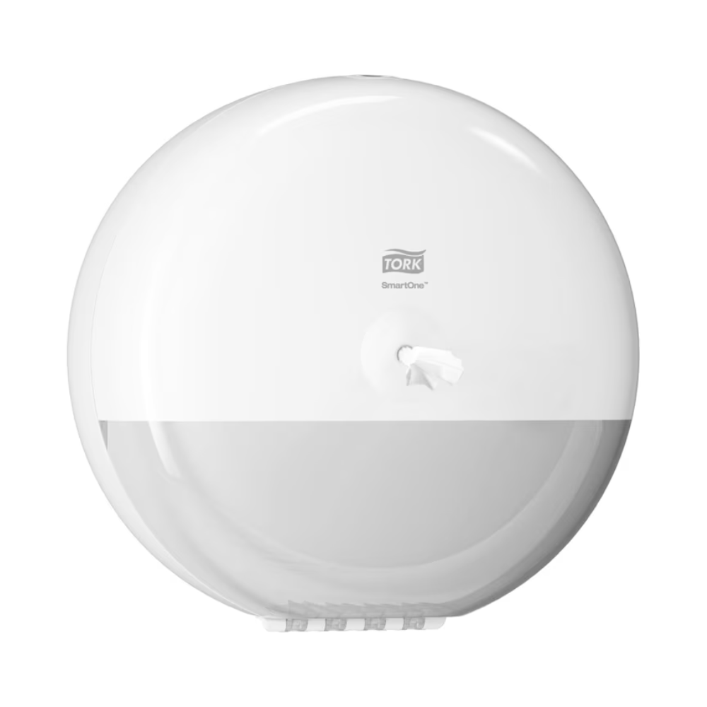 Tork SmartOne® 680000 dávkovač toaletného papiera Elevation T8 od Essity Professional Hygiene Germany GmbH má štíhly, okrúhly dizajn s vyberaním jedného listu. Malý otvor v strede umožňuje jednoduchý prístup k papieru, zatiaľ čo značka a logo sú elegantne zobrazené na prednej strane.