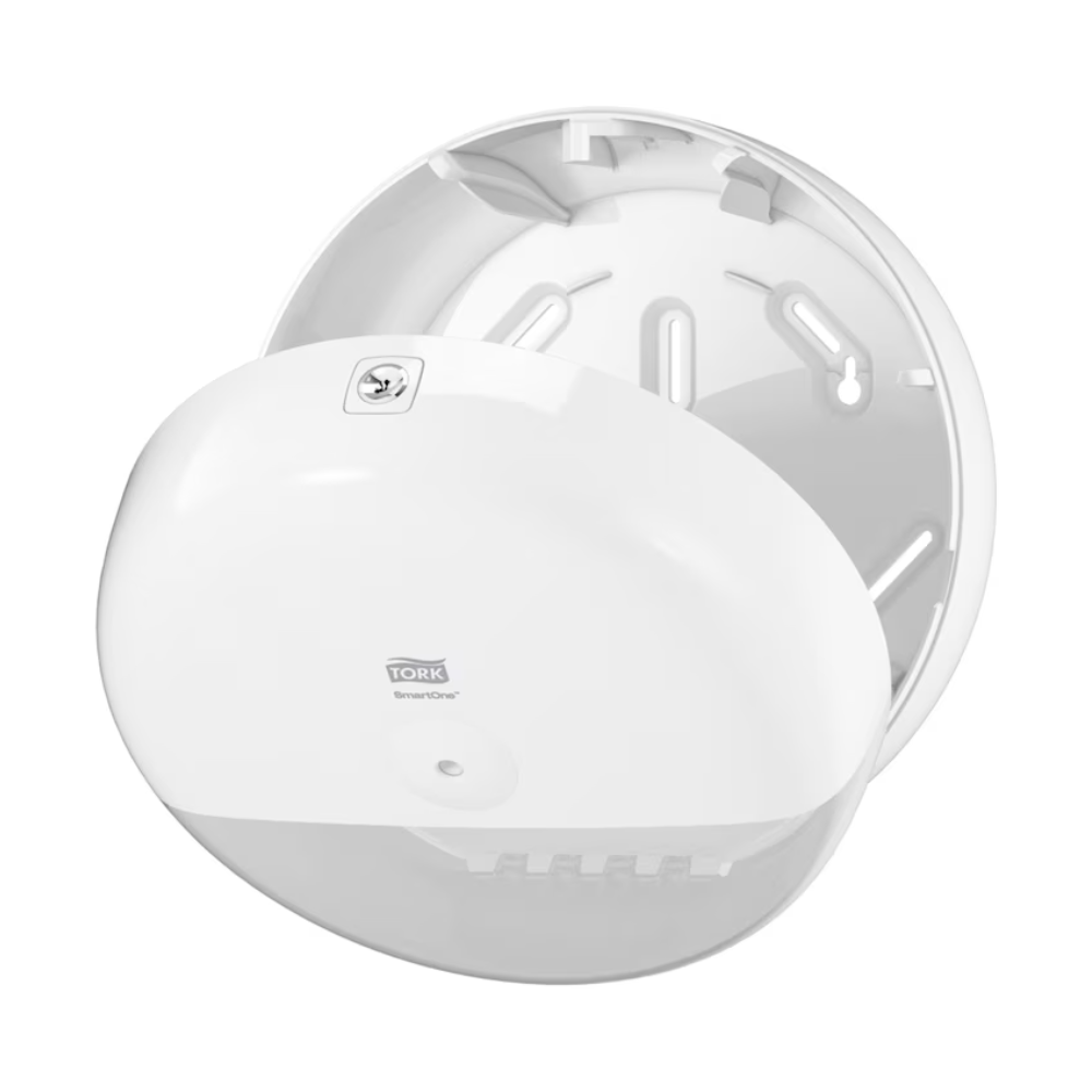 Tork SmartOne® 680000 dávkovač toaletného papiera Elevation T8, vyrobený spoločnosťou TORK – Essity Professional Hygiene Germany GmbH pre vyberanie jedného listu, je zobrazený otvorený a prázdny a odhaľuje svoj okrúhly dizajn a horný zámok. Vo vnútri sa nachádzajú háčiky a priehradky na uloženie roliek toaletného papiera.
