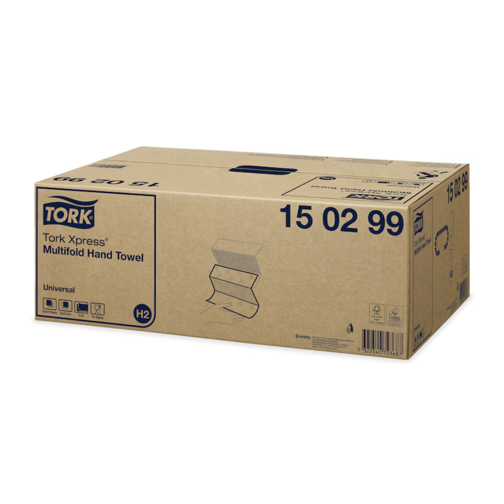 Karton Tork Xpress® 150299 Multifold uterákov Universal H2 2-vrstvový s rozmermi 23,4 cm a 20 balení je označený produktovými detailmi a číslom 15 02 99. Na kartóne je zobrazená konfigurácia uterákov, ktorá zdôrazňuje vynikajúci pomer ceny a kvality, ako aj niekoľko ochranných známok a recyklačných symbolov.