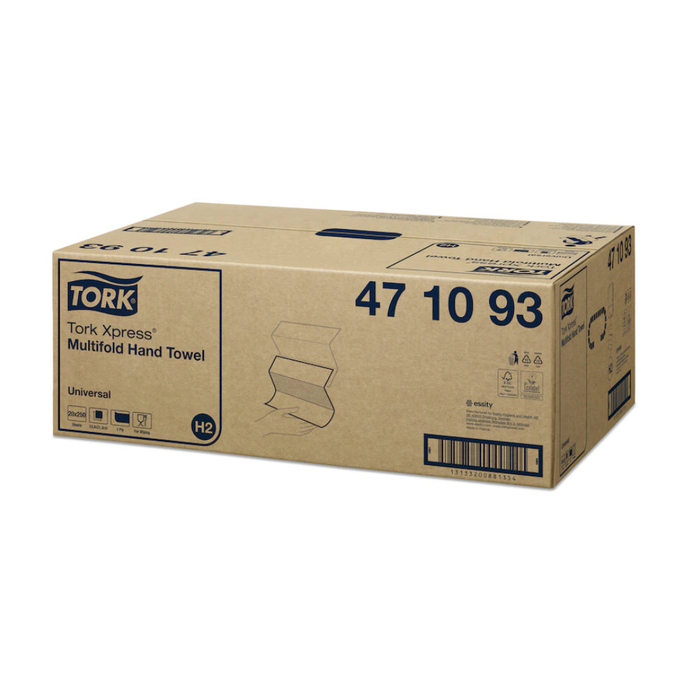 Zobrazený je kartón s Tork Xpress® 471093 Multifold uterákmi Universal H2 1-vrstvové od TORK – Essity Professional Hygiene Germany GmbH. Kartón je označený produktovými informáciami, ako je číslo artiklu, a obsahuje obrázky a symboly Universal H2, ako aj čiarový kód na boku.