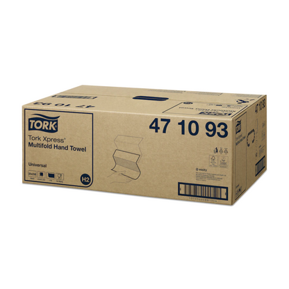 Zobrazený je kartón s Tork Xpress® 471093 Multifold uterákmi Universal H2 1-vrstvové od TORK – Essity Professional Hygiene Germany GmbH. Kartón je označený produktovými informáciami, ako je číslo artiklu, a obsahuje obrázky a symboly Universal H2, ako aj čiarový kód na boku.