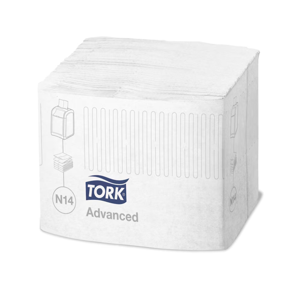 Tork Xpressnap Fit® dávkovacie servítky N14 1-vrstvové, vyrobené spoločnosťou TORK – Essity Professional Hygiene Germany GmbH, sú elegantne zabalené a majú jednoduchý grafický dizajn. Tieto biele servítky sú vyrobené zo 100 % recyklovaných vlákien, a preto sú udržateľnou voľbou pre vaše potreby.