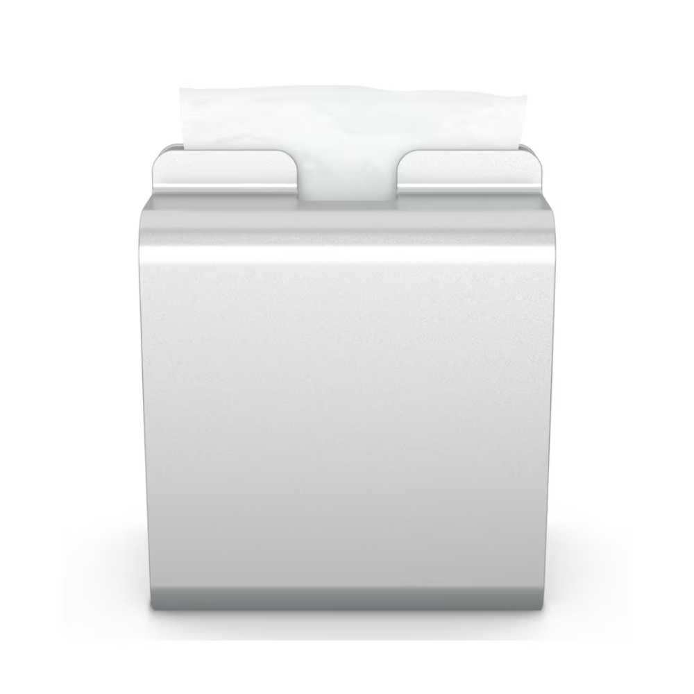 Dávkovač servítok Tork Xpressnap® 274002 z hliníka od spoločnosti Essity Professional Hygiene Germany GmbH ukazuje na jednoduchom bielom pozadí jednu elegantne vytiahnutú bielu servítku – ideálny pre samoobslužné reštaurácie.