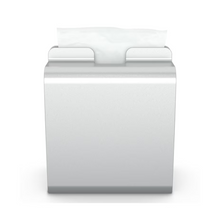 Dávkovač servítok Tork Xpressnap® 274002 z hliníka od spoločnosti Essity Professional Hygiene Germany GmbH ukazuje na jednoduchom bielom pozadí jednu elegantne vytiahnutú bielu servítku – ideálny pre samoobslužné reštaurácie.