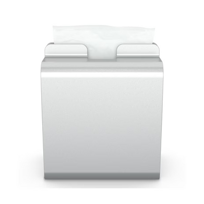 Dávkovač servítok Tork Xpressnap® 274002 z hliníka od spoločnosti Essity Professional Hygiene Germany GmbH ukazuje na jednoduchom bielom pozadí jednu elegantne vytiahnutú bielu servítku – ideálny pre samoobslužné reštaurácie.