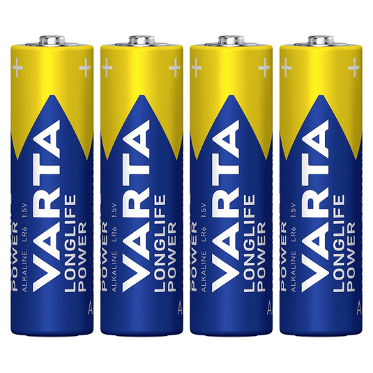 Štyri batérie Varta AG Industrial Pro Mignon AA usporiadané vertikálne v rade s modrými a žltými štítkami.