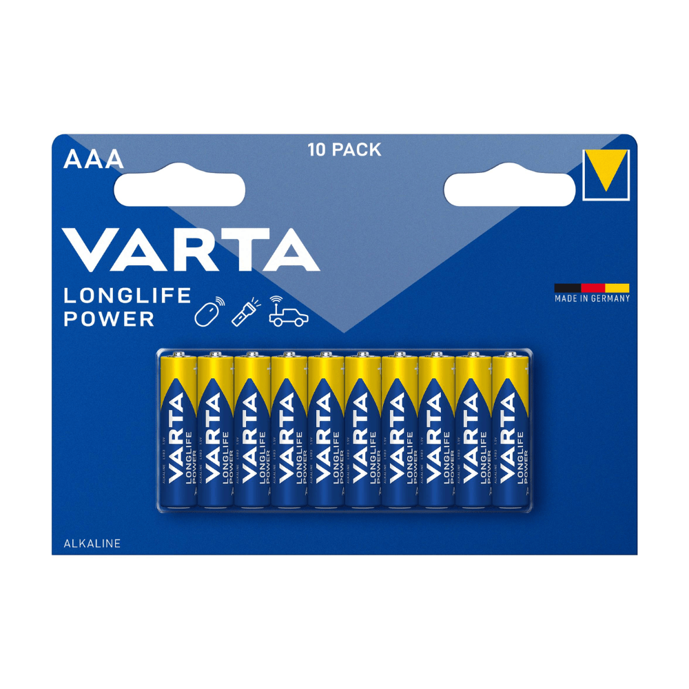 Balenie 10 kusov batérií Varta AG Longlife Power Micro AAA, prezentované v modro-žltej kartónovej krabici, označenej značkou a veľkosťou batérie, navrhnuté pre vysokú energetickú potrebu.