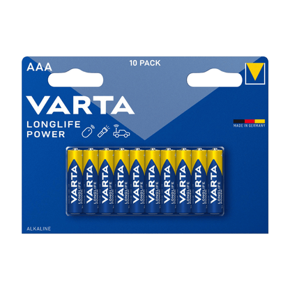 Balenie 10 kusov batérií Varta AG Longlife Power Micro AAA, prezentované v modro-žltej kartónovej krabici, označenej značkou a veľkosťou batérie, navrhnuté pre vysokú energetickú potrebu.