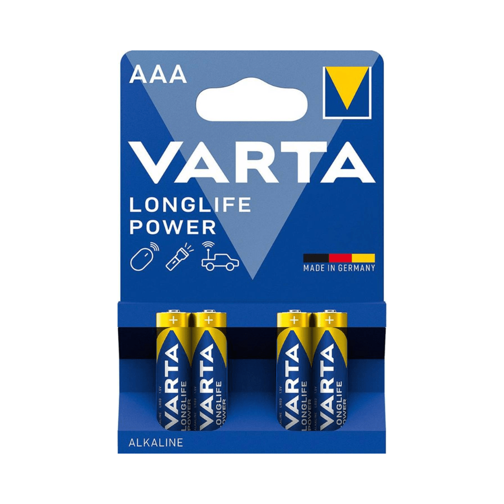 Balenie batérií Varta Longlife Power Micro AAA 4903 LR03 alkalické batérie od Varta AG so štyrmi vodorovne naskladanými batériami, označené ako Vyrobené v Nemecku. Balenie je modro-biele s tučným písmom.