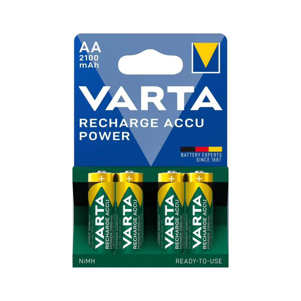 Balenie štyroch zeleno-zlatých batérií Varta Recharge Accu Power AA 2100 mAh s kapacitou 2100 mAh, označené ako NiMH a „nabíjateľné“.