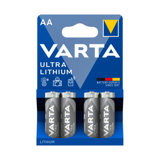 Bild einer Varta Ultra Lithium AA Batterie | Packung (4 Stück). Die blaue Verpackung zeigt vier AA Lithium-Batterien, die für elektronische Geräte und Kameras geeignet sind und sich daher ideal für Sport- und Outdoor-Einsätze eignen. Der Text lautet „Batterieexperten seit 1887“ und zeigt ein gelb-blaues Dreieckslogo.