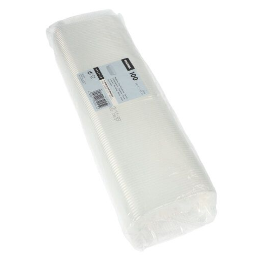 Zapečatené balenie so 100 pohármi Starpak PP obdĺžnikové 125 ml priehľadné má etiketu s množstvom a detailmi. Poháre sú úhľadne naskladané a viditeľné cez priehľadné balenie.