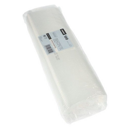 Zapečatené balenie so 100 pohármi Starpak PP obdĺžnikové 125 ml priehľadné má etiketu s množstvom a detailmi. Poháre sú úhľadne naskladané a viditeľné cez priehľadné balenie.