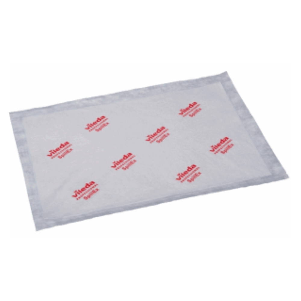 Obdĺžniková čistiaca utierka od spoločnosti Vileda GmbH s bielym povrchom, červenými logami a viackrát natlačeným textom „Vileda Professional“ a „Microclean“. Sivé okraje zlepšujú trvanlivosť a hygienu, pretože utierka je vystavená gama žiareniu, aby sa zabezpečila optimálna hygiena. Tento špeciálny produkt je známy ako Vileda Professional podlahová utierka Spillex CE Gamma Irradiated 51x37cm.