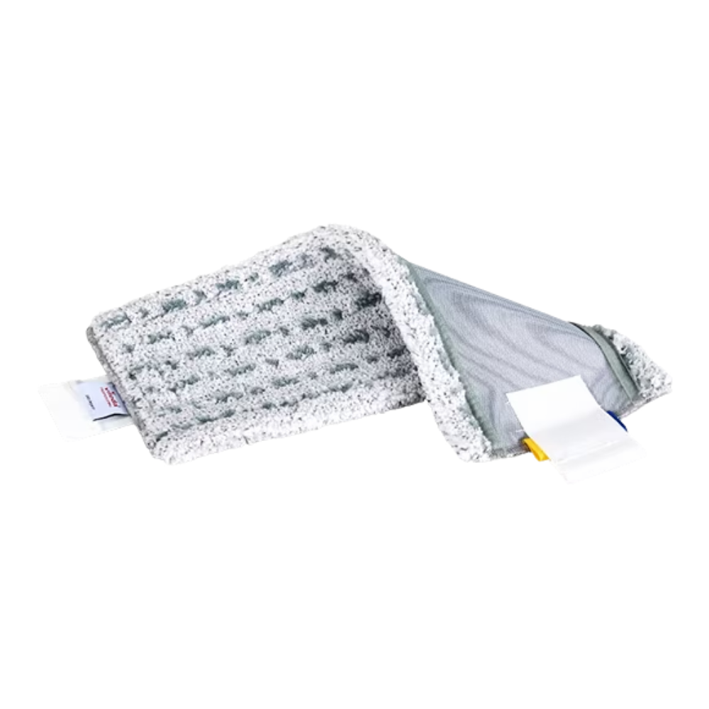 Sivá štruktúrovaná čistiaca utierka, Vileda Professional UltraSpeed MicroLite max - 40 cm od Vileda GmbH, je čiastočne zložená, aby ukázala svoju vnútornú vrstvu. Na jednom konci má štítky s pokynmi na údržbu a produktovými informáciami pre pohodlné použitie a starostlivosť.