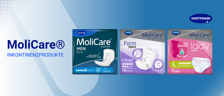Ein Werbebild für MoliCare® Inkontinenzprodukte mit drei Packungen: MoliCare Men Pants (32 Stück), MoliCare Form Premium 8 Tropfen Slips (18 Stück) und MoliCare Premium Lady Pants (7 Stück). Oben rechts ist das Hartmann-Logo abgebildet.