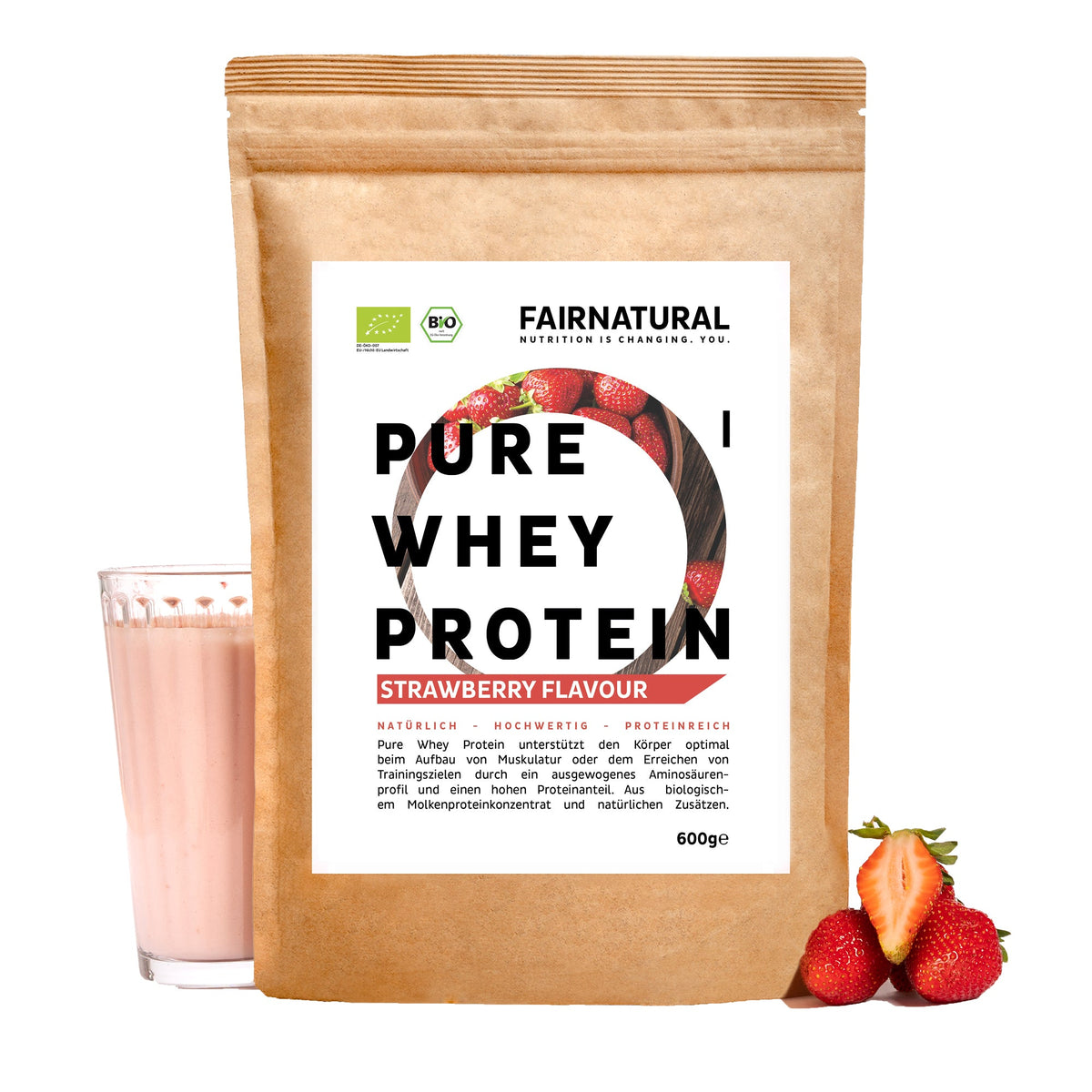 Organický srvátkový proteínový prášok s jahodami