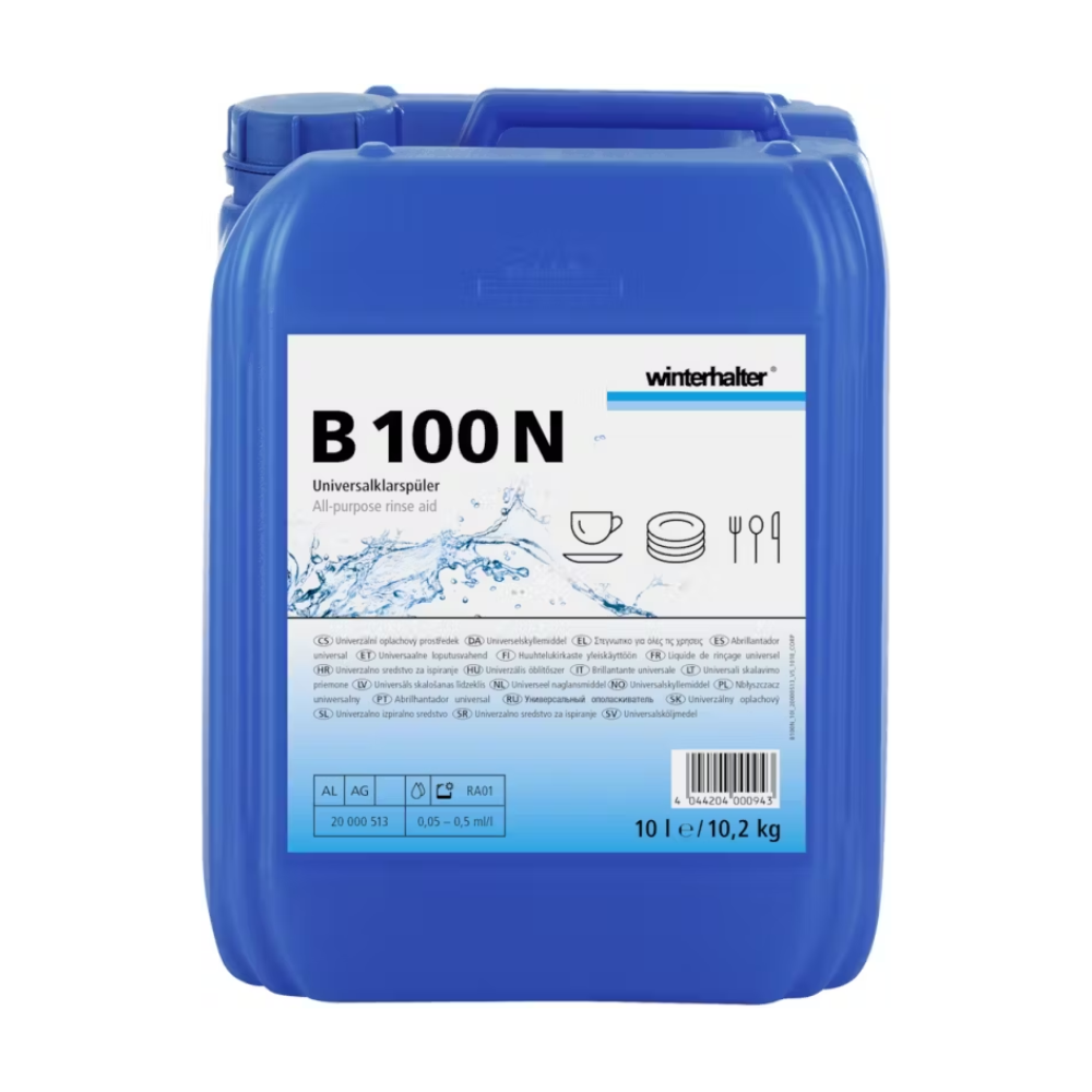 Modrý 10-litrový kontajner s Winterhalter B 100 N oplachovacím prostriedkom od Altruan, ktorý bol vyvinutý pre komerčné umývačky riadu. Na obale sú viditeľné názov produktu, logá a obrázky riadu, ktoré zdôrazňujú schopnosť produktu zabezpečiť bezšmuhové sušenie a vhodnosť pre rôzne aplikácie umývania riadu.