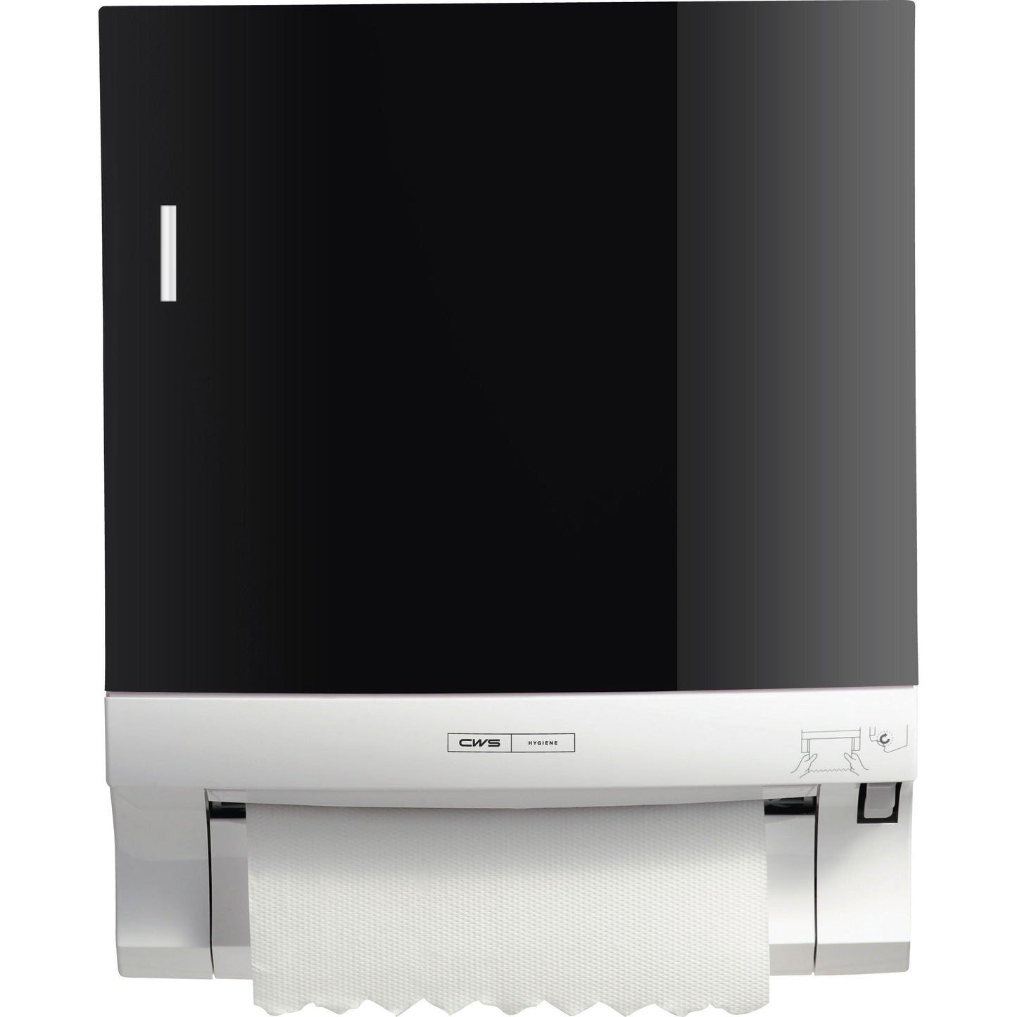 Der CWS Frontpanel für Rollenpapierhandtuchspender Paperroll ist ein schwarz-weißer Wandspender mit sichtbarem Handtuchpapier, kleinen Grafiken und dem CWS Markenlabel auf der Vorderseite - perfekt zur Optimierung von Waschräumen.