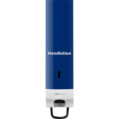 Predný panel CWS pre dávkovač penového mydla Foam Slim je modro-biely nástenný dávkovač s elegantným dizajnom, bielym nápisom "Handlotion" a pákou na spodnej strane na vyberanie.