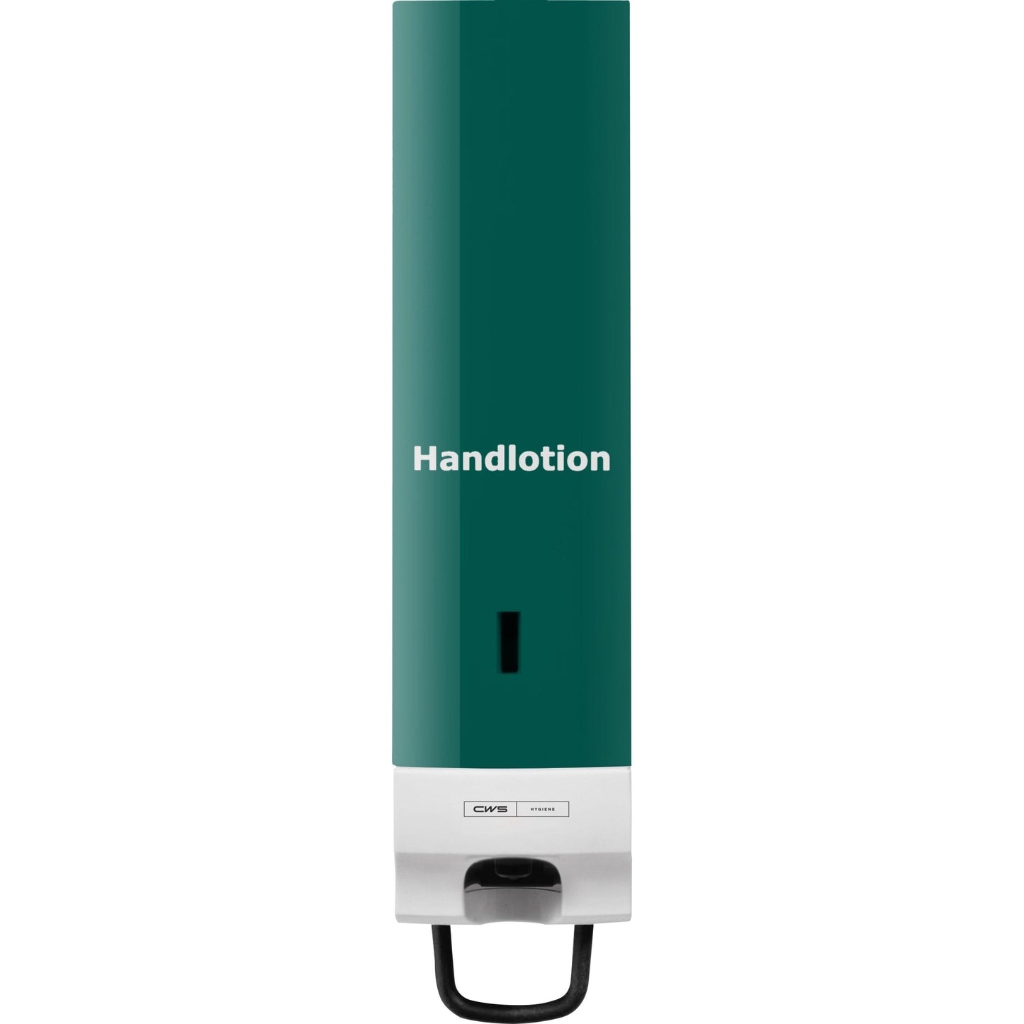Predný panel CWS pre dávkovač penového mydla Foam Slim je nástenný dávkovač so zeleným vrchnákom a bielym nápisom "Handlotion", s okienkom pre obsah, elegantným dizajnom CWS a tlačnou pákou na spodnej strane pre jednoduchú obsluhu.