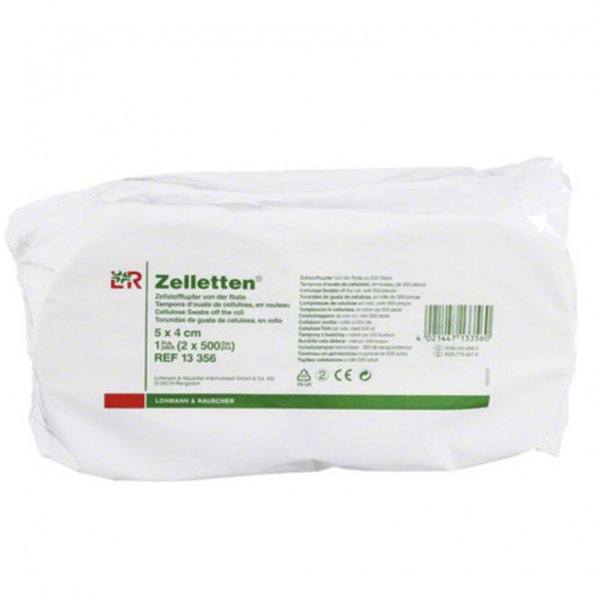 Balenie s celulózovými tampónmi Zelletten® od spoločnosti Lohmann & Rauscher je ideálne na lekárske účely. Na etikete sú uvedené rozmery (5 x 4 cm), množstvo (2 balenia po 500 kusov) a referenčné číslo (13 356). Balenie je prevažne biele so zeleným textom.
