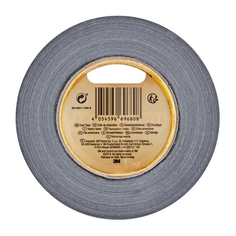 Kotúč Scotch® Univerzálnej lepiacej pásky 2904 od 3M Deutschland GmbH, 50 m x 48 mm, v pohľade zhora s kruhovým tvarom, vnútorným papierovým jadrom s čiarovým kódom a produktovou informáciou na etikete.