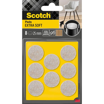 Balenie 3M Scotch® Extra mäkkých filcových podložiek, samolepiace, béžové, obsahuje 8 okrúhlych podložiek (každá 25 mm) na žltom obale. Balenie má extra silné lepidlo a je navrhnuté na použitie na nábytku.