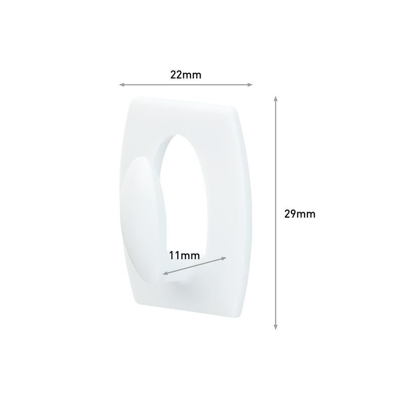 Command™ Mini-hák, 17006 od 3M Deutschland GmbH, je biely obdĺžnikový háčik (22x29mm) so zaoblenými hranami a vnútorným oválom 11mm. Šípky ukazujú rozmery. Ideálny na zavesenie bez vŕtania a bez zvyškov odstrániteľný.