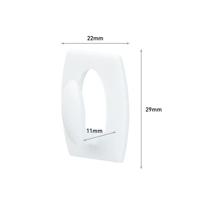 Command™ Mini-hák, 17006 od 3M Deutschland GmbH, je biely obdĺžnikový háčik (22x29mm) so zaoblenými hranami a vnútorným oválom 11mm. Šípky ukazujú rozmery. Ideálny na zavesenie bez vŕtania a bez zvyškov odstrániteľný.