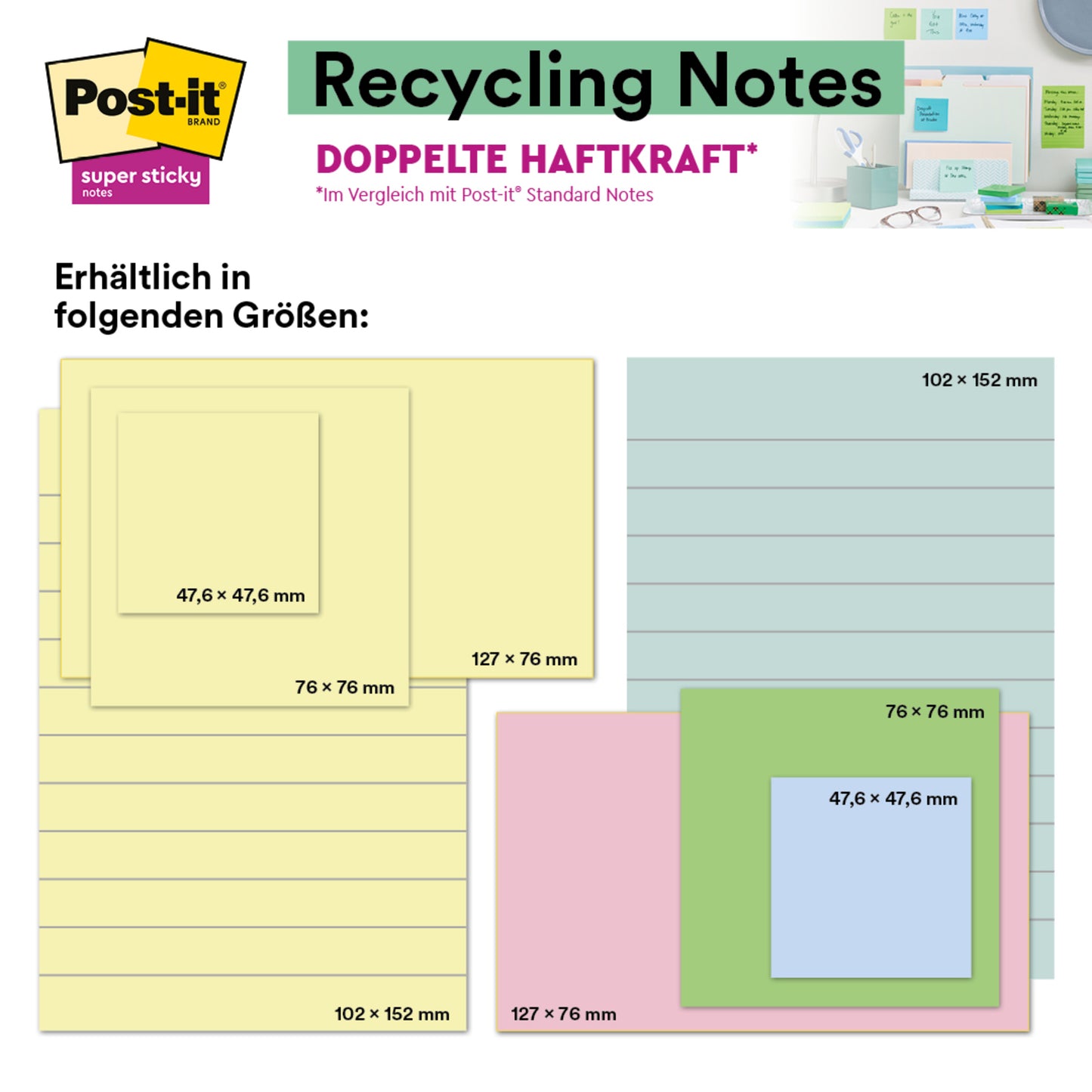 Tabuľka zobrazuje Post-it® Super Sticky 100% recyklovateľné poznámky (47,6 x 47,6 mm, 70 listov/blok, PEFC) od 3M v žltej, zelenej, modrej a ružovej farbe s rozmermi v nemčine a produktovou fotografiou na stole vpravo hore.