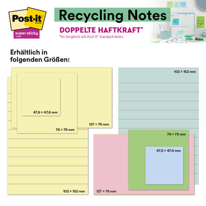 Tabuľka zobrazuje Post-it® Super Sticky 100% recyklovateľné poznámky (47,6 x 47,6 mm, 70 listov/blok, PEFC) od 3M v žltej, zelenej, modrej a ružovej farbe s rozmermi v nemčine a produktovou fotografiou na stole vpravo hore.