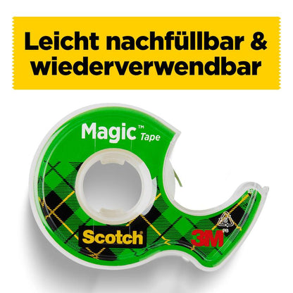 Zelený držiak na Scotch® Magic™ Neviditeľná lepiaca páska s kockovaným dizajnom drží rolku. Nemecký text na žltom pozadí: "Ľahko doplniteľné & znovu použiteľné." Produkt: 3M Deutschland GmbH, 8-1925R3, 19 mm x 25 m, 3 rolky/balenie náhradné balenie.