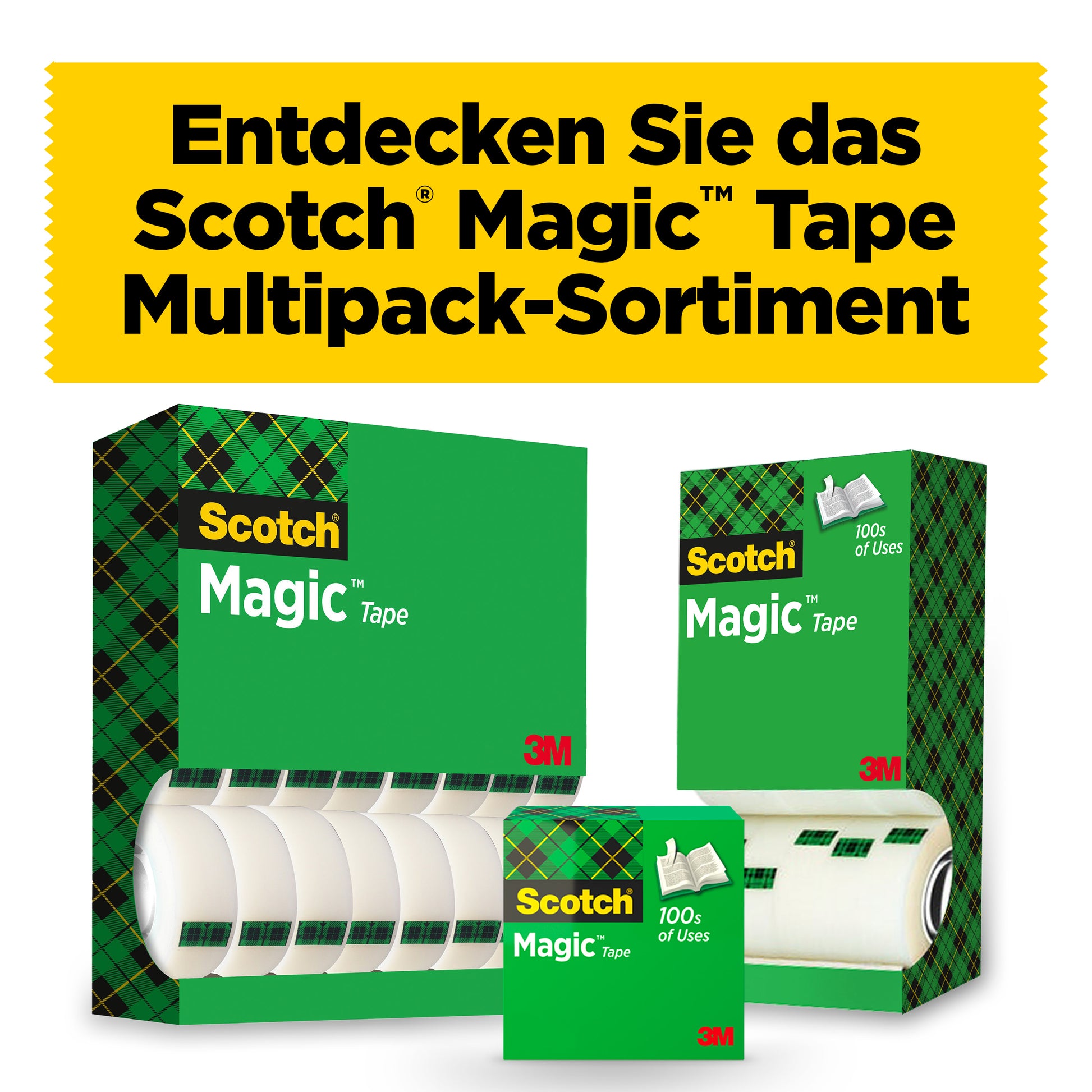 Drei Packungen 3M Scotch® Magic™ Unsichtbares Klebeband Vorteilspack (14 Rollen, 19 mm x 33 m) sind auf weißem Grund abgebildet, darüber ein gelbes Banner in deutscher Sprache: "Entdecken Sie das Scotch Magic Tape Multipack-Sortiment.