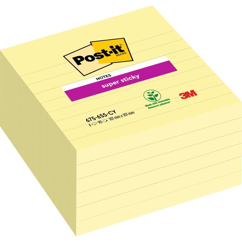 Stoh veľkých Post-it® Super Sticky Notes (101 mm x 101 mm, 90 listov/blok, 100% PEFC) od 3M Deutschland GmbH, so žltými linajkovými listami a logami.