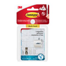 Ein Multipack Command™ wasserresistente Strips von 3M Deutschland GmbH enthält 8×S, 4×M und 4×L für die Befestigung ohne Bohren, mit einem Limit von 4,4 kg und zweisprachiger französisch-englischer Verpackung.
