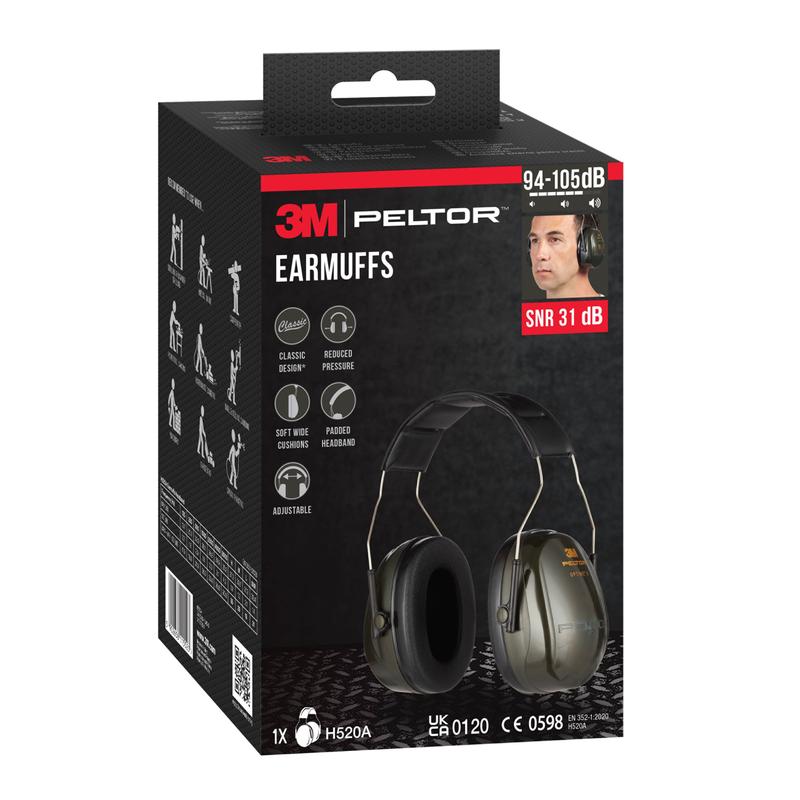 Zelená krabica s 3M™ PELTOR™ Optime™ II chrániče sluchu H520A (SNR 31 dB) od 3M Deutschland GmbH, s obrázkami produktu a zdôraznením hlavných vlastností. Balenie obsahuje 1 kus.