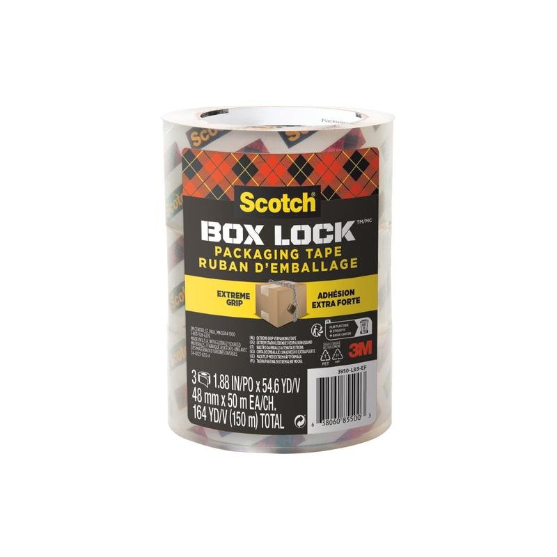 Balenie s tromi rolkami 3M Scotch® Box Lock™ baliacej pásky 3950-LR3-DC (48 mm x 50 m), zabalené v priehľadnom plaste. Etiketa zdôrazňuje značku Scotch a vlastnosť "Extreme Grip", ideálne na uzatváranie kartónových obalov.