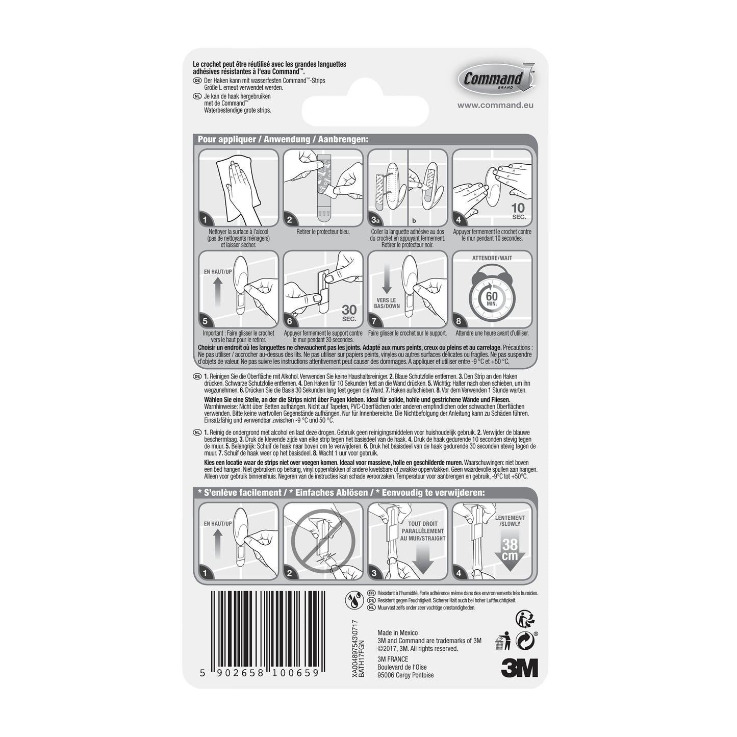 Rückseite einer Command™ Bad Handtuchhaken-Verpackung der 3M Deutschland GmbH, mit bebilderter Anwendungs- und Entfernungsanleitung, Sicherheitshinweisen und Produktangaben in mehreren Sprachen. 3M Logo und Barcode sind unten abgebildet.