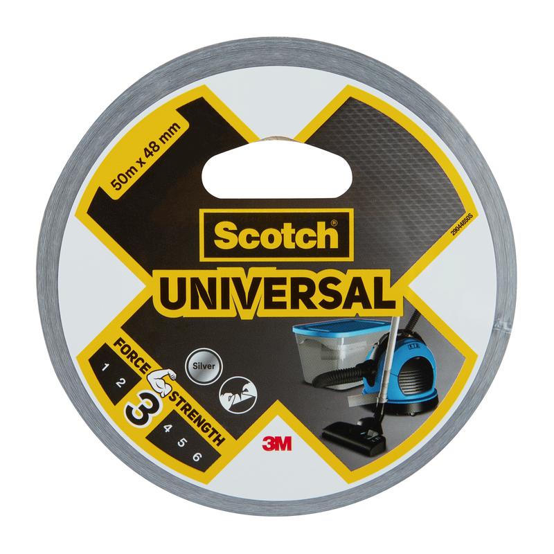 Kotúč Scotch® Univerzálnej lepiacej pásky 2904 od 3M Deutschland GmbH, strieborný, 50 m x 48 mm, s obrázkami etikiet vysávača a odpadkového koša a silou 3.