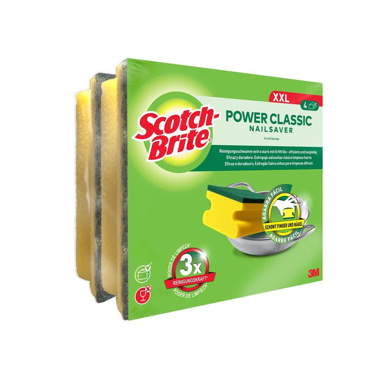 Balenie 3M Deutschland GmbH Scotch-Brite® Classic Griffschwamm XL, 4 kusy na balenie, prichádza v zelenej obale a zdôrazňuje silný čistiaci výkon a ochranu nechtov.