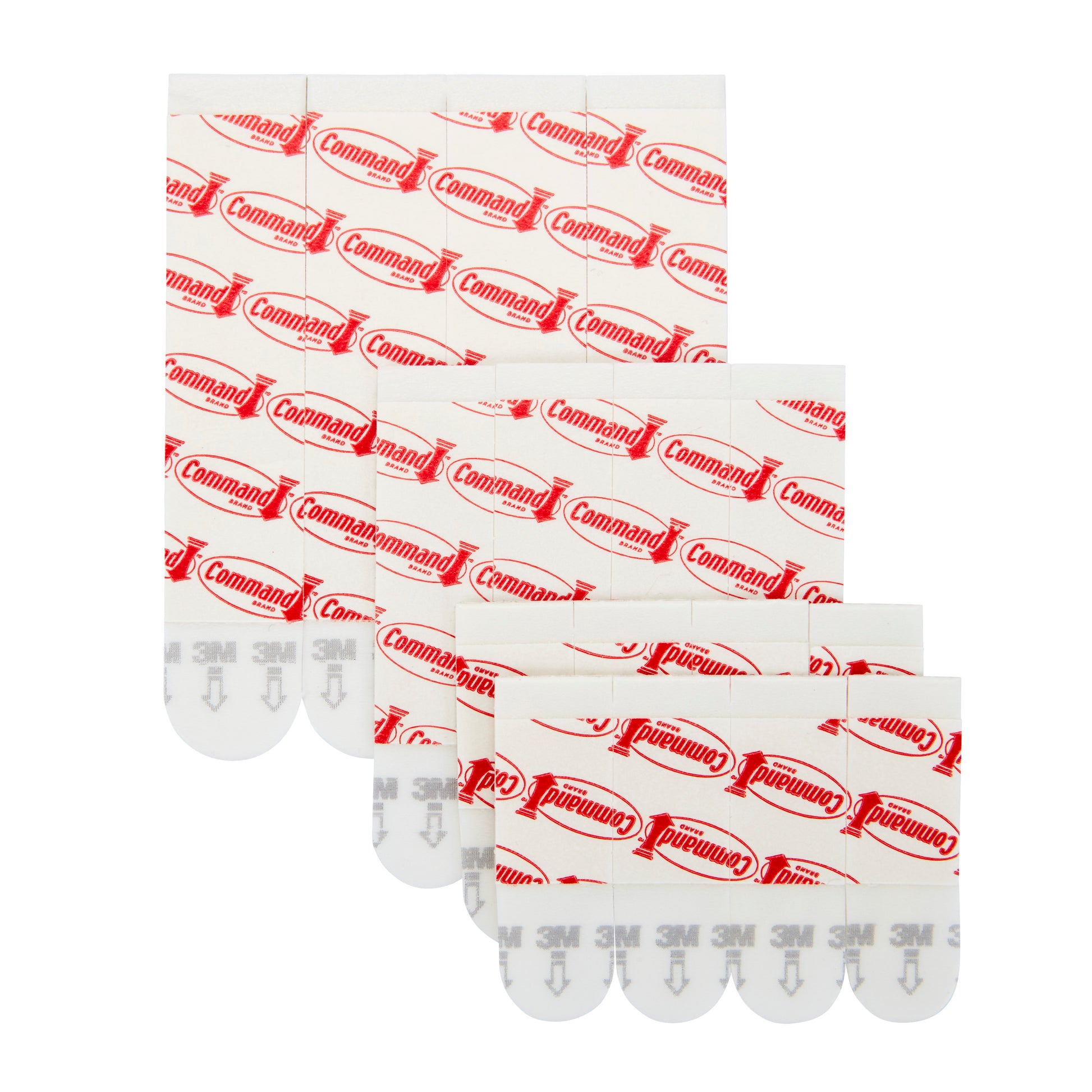 Vier Multipack Command™ Strips, 17200 von 3M Deutschland GmbH, mit roten Logos und Pfeilen, sind in zwei überlappenden Reihen auf weißem Hintergrund angeordnet.